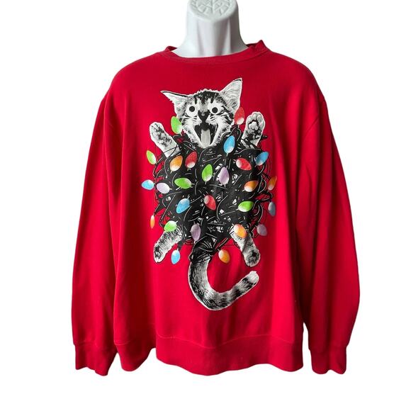 Mad Engine ACK Cat Tied Up in Lights Ugly Christmas Sweatshirt Size XL NWOT - Picture 1 of 5